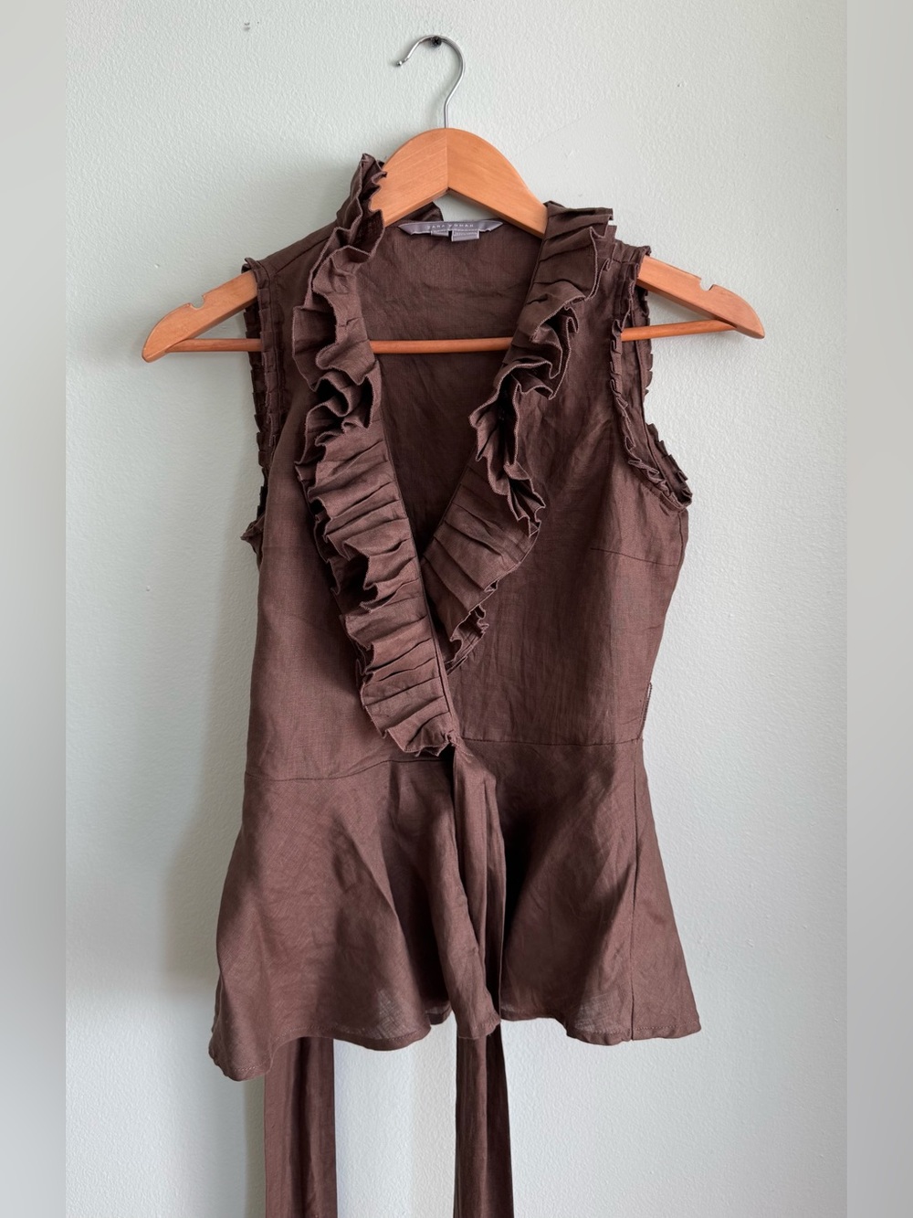 Zara Brown Ruffled Sleeveless V-Neck Blouse